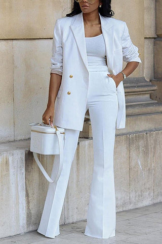 Voletter Fashion Solid Long Sleeve Buttons Wide Leg Pants Suit Suit