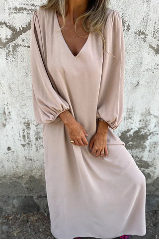 Voletter Casual Loose V-Neck Solid Color Dress