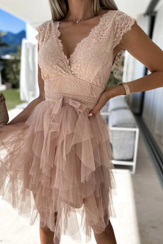 Voletter Chic Solid Lace V Neck Sleeveless Lace Up Dress