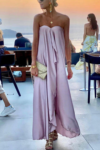 Voletter Chic Solid Chest Wrap Off Shoulder Sleeveless Long Party Dress