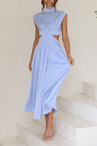 Voletter Chic Solid Stand Collar Sleeveless Slim Long Dress