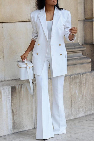 Voletter Fashion Solid Long Sleeve Buttons Wide Leg Pants Suit Suit