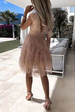 Voletter Chic Solid Lace V Neck Sleeveless Lace Up Dress