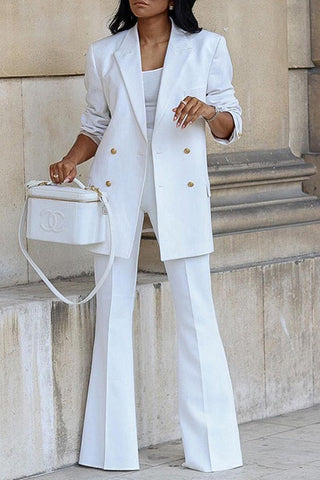 Voletter Fashion Solid Long Sleeve Buttons Wide Leg Pants Suit Suit