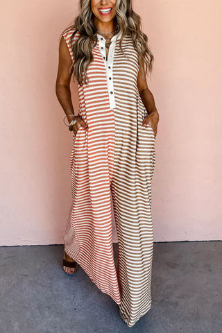 Voletter Color Block Striped Sleeveless Loose Jumpsuit