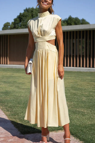 Voletter Chic Solid Stand Collar Sleeveless Slim Long Dress