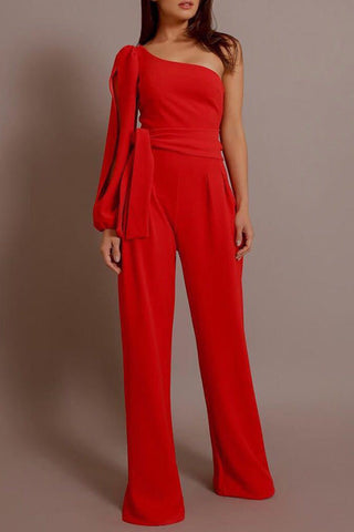 Voletter Chic Fashion Solid One Shoulder Lace Up Jumpsuit