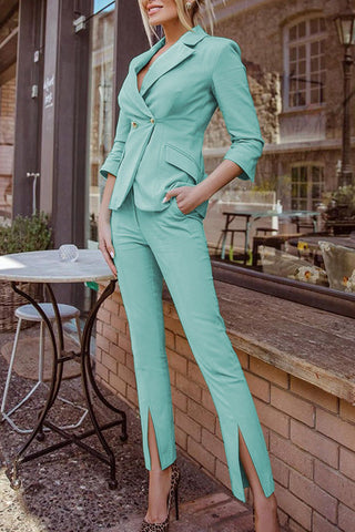 Voletter Fashion Chic Solid Lapel Long Sleeve Suit+Split Pants Two-piece