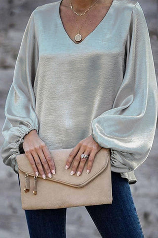 Voletter Chic Loose Solid V Neck Long Sleeve Top