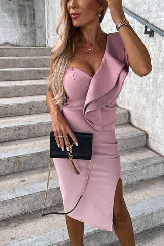 Voletter Chic Solid One Shoulder Sleeveless Split Party Dress