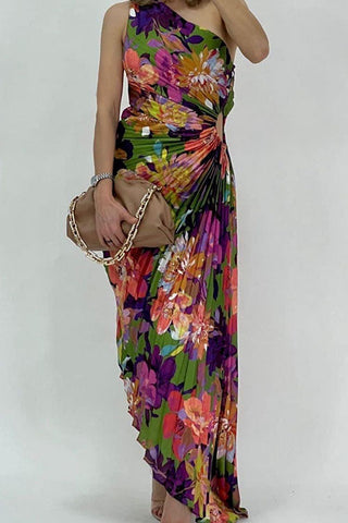 Voletter Off-Waist Printed Pleated Dress