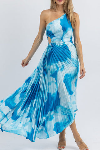 Voletter One-Shoulder Striped Printed Pleated Dress