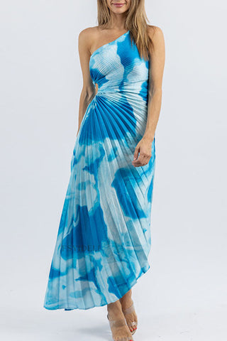 Voletter One-Shoulder Striped Printed Pleated Dress