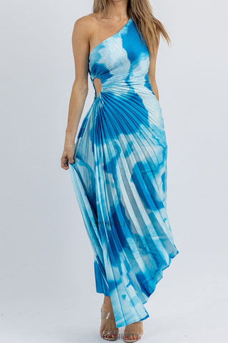 Voletter One-Shoulder Striped Printed Pleated Dress