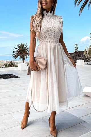 Voletter Chic Lace Solid Sleeveless Slim Party Dress