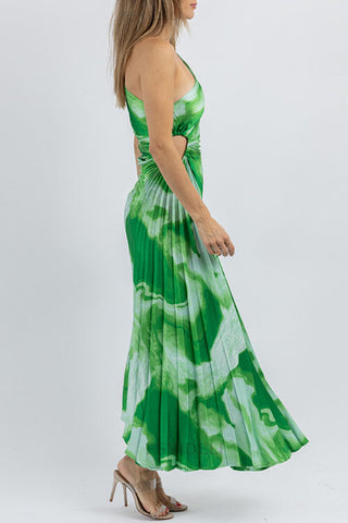 Voletter One-Shoulder Striped Printed Pleated Dress