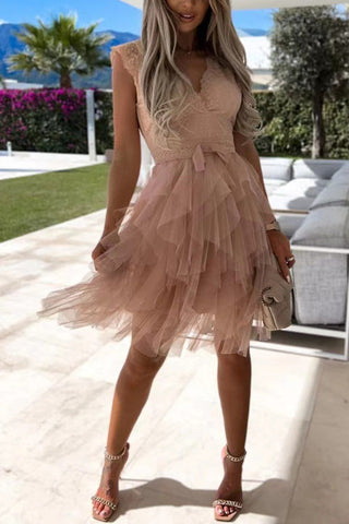 Voletter Chic Solid Lace V Neck Sleeveless Lace Up Dress