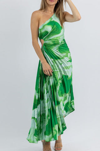 Voletter One-Shoulder Striped Printed Pleated Dress