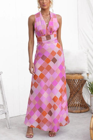Voletter Elegant V-Neck Plaid Print Lace-Up Dress