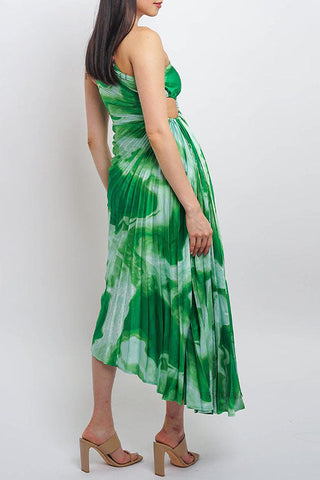 Voletter One-Shoulder Striped Printed Pleated Dress