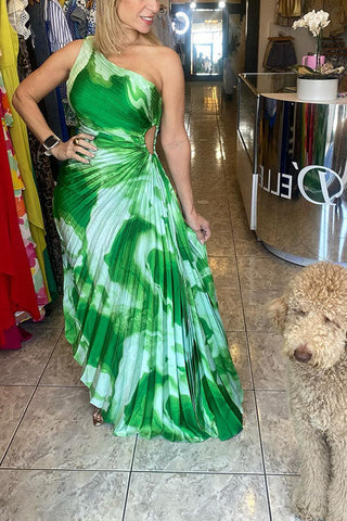 Voletter One-Shoulder Striped Printed Pleated Dress