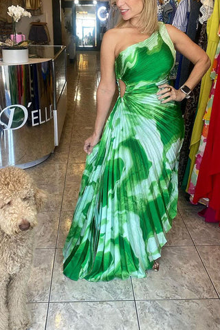 Voletter One-Shoulder Striped Printed Pleated Dress