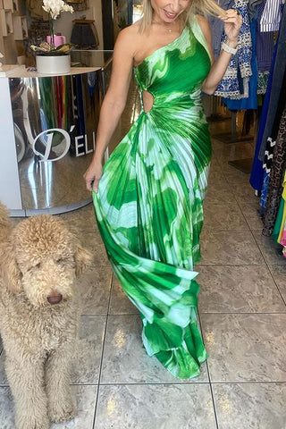 Voletter One-Shoulder Striped Printed Pleated Dress