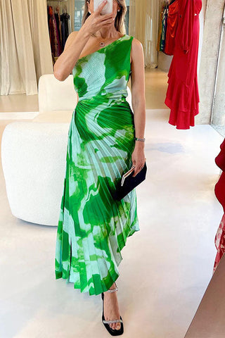 Voletter One-Shoulder Striped Printed Pleated Dress
