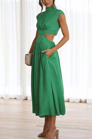 Voletter Chic Solid Stand Collar Sleeveless Slim Long Dress