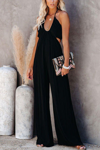 Voletter Chic Solid Sling U Neck Backless Slim Jumpsuit