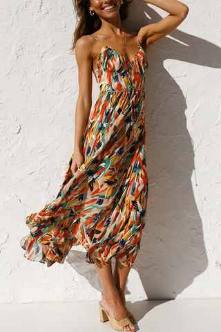 Voletter Chic Printed Sling V Neck Sleeveless Long Dress