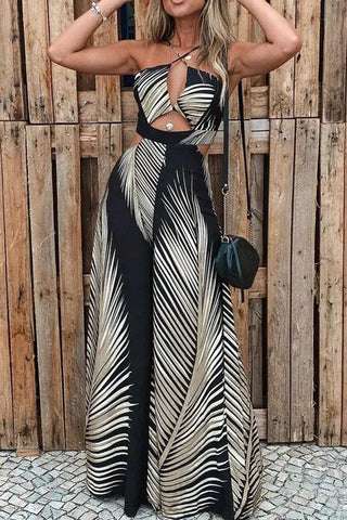 Voletter Fashion Printed Off Shoulder Sleeveless Long Jumpsuit