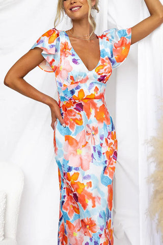 Voletter V-Neck Ruffle Sleeve Midi Dress