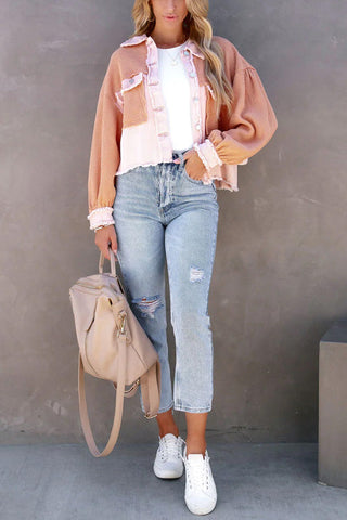 Voletter Fashion Chic Color Block Lapel Long Sleeve Buttons Jacket