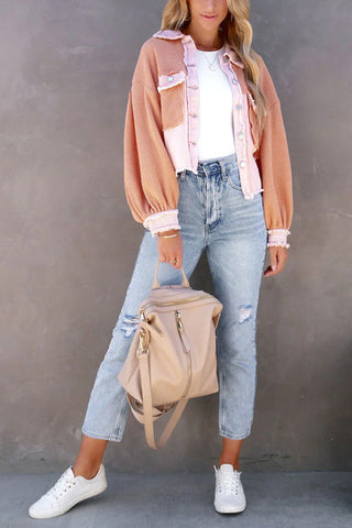 Voletter Fashion Chic Color Block Lapel Long Sleeve Buttons Jacket