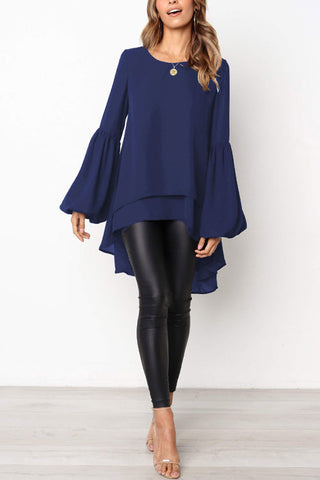 Voletter Chic Solid Irregular O Neck Lantern Sleeve Slim Top