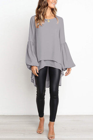 Voletter Chic Solid Irregular O Neck Lantern Sleeve Slim Top