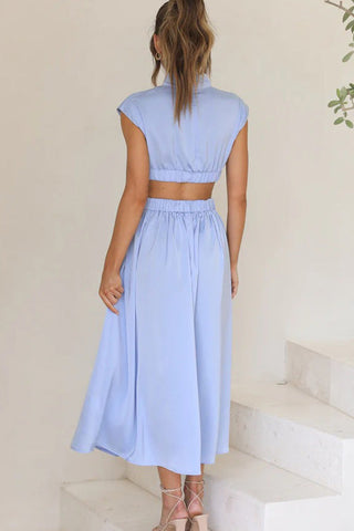 Voletter Chic Solid Stand Collar Sleeveless Slim Long Dress