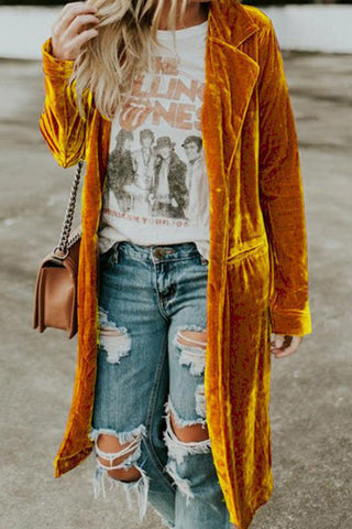 Voletter Fashion Chic Loose Gold Velvet Long Sleeve Pocket Coat