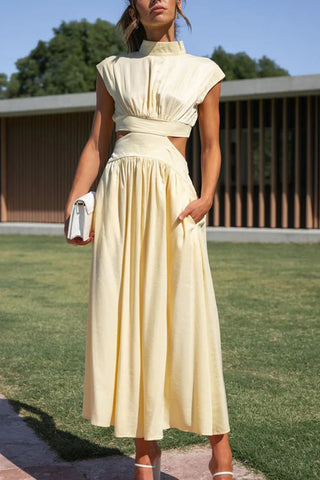 Voletter Chic Solid Stand Collar Sleeveless Slim Long Dress