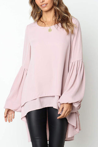 Voletter Chic Solid Irregular O Neck Lantern Sleeve Slim Top