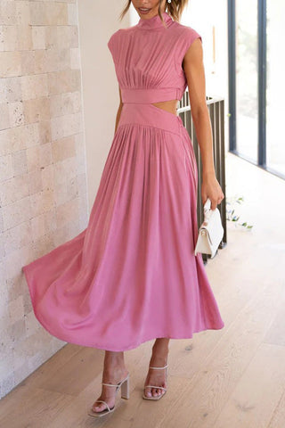Voletter Chic Solid Stand Collar Sleeveless Slim Long Dress