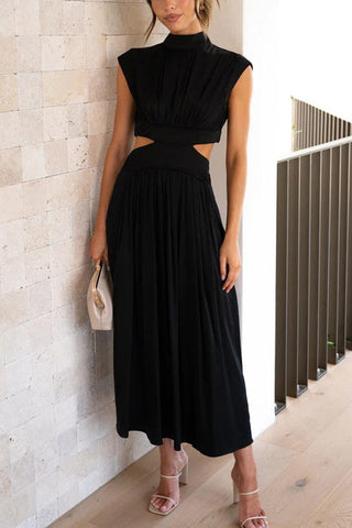 Voletter Chic Solid Stand Collar Sleeveless Slim Long Dress