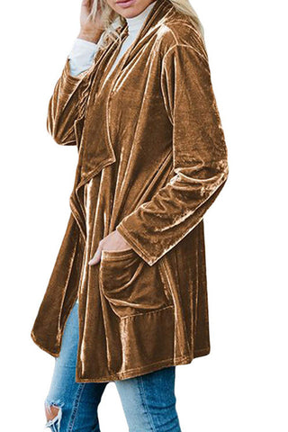 Voletter Fashion Chic Gold Velvet Long Sleeve Mid-length Coat