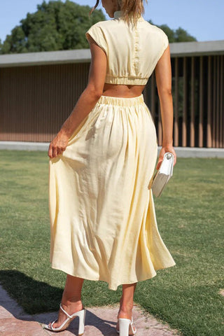 Voletter Chic Solid Stand Collar Sleeveless Slim Long Dress