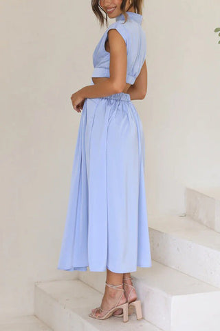 Voletter Chic Solid Stand Collar Sleeveless Slim Long Dress