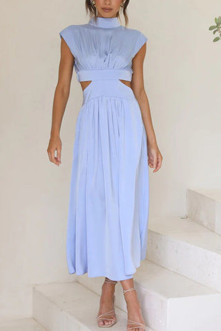 Voletter Chic Solid Stand Collar Sleeveless Slim Long Dress