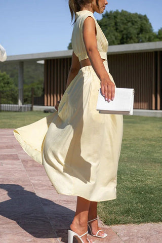 Voletter Chic Solid Stand Collar Sleeveless Slim Long Dress