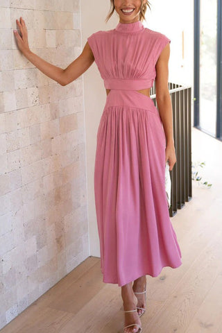 Voletter Chic Solid Stand Collar Sleeveless Slim Long Dress