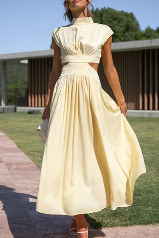 Voletter Chic Solid Stand Collar Sleeveless Slim Long Dress